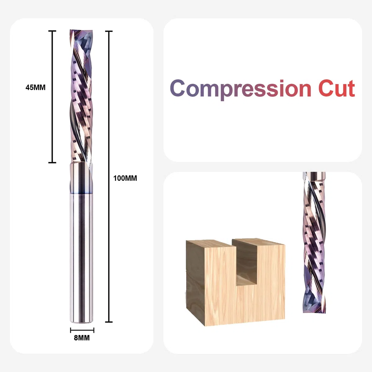 SpeTool Fresas para Madera 8 mm Fresa de Ranurar Compresión Fresa Helicoidal CNC Carburo Sólido Fresa Espiral con Revestimiento TAC HRC55 Extralarga Longitud de Corte 32mm Fresas de Corte de Madera