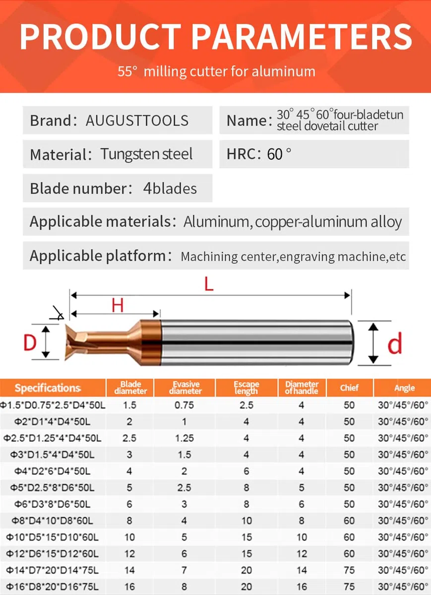 Fresa de cola de milano 30 45 60 grados, herramientas de mecanizado de acero de tungsteno de 1,5~16mm, fresa de engranaje de cola de milano de carburo(8mm*8mm*60mm*60)