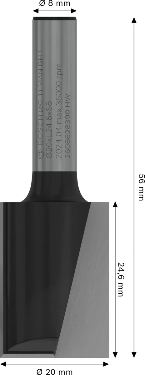 Bosch Professional 2 608 628 390 - Fresas de ranurar - 8 mm, D1 20 mm, L 25 mm, G 56 mm (pack de 1), Negro, Acero Inoxidable